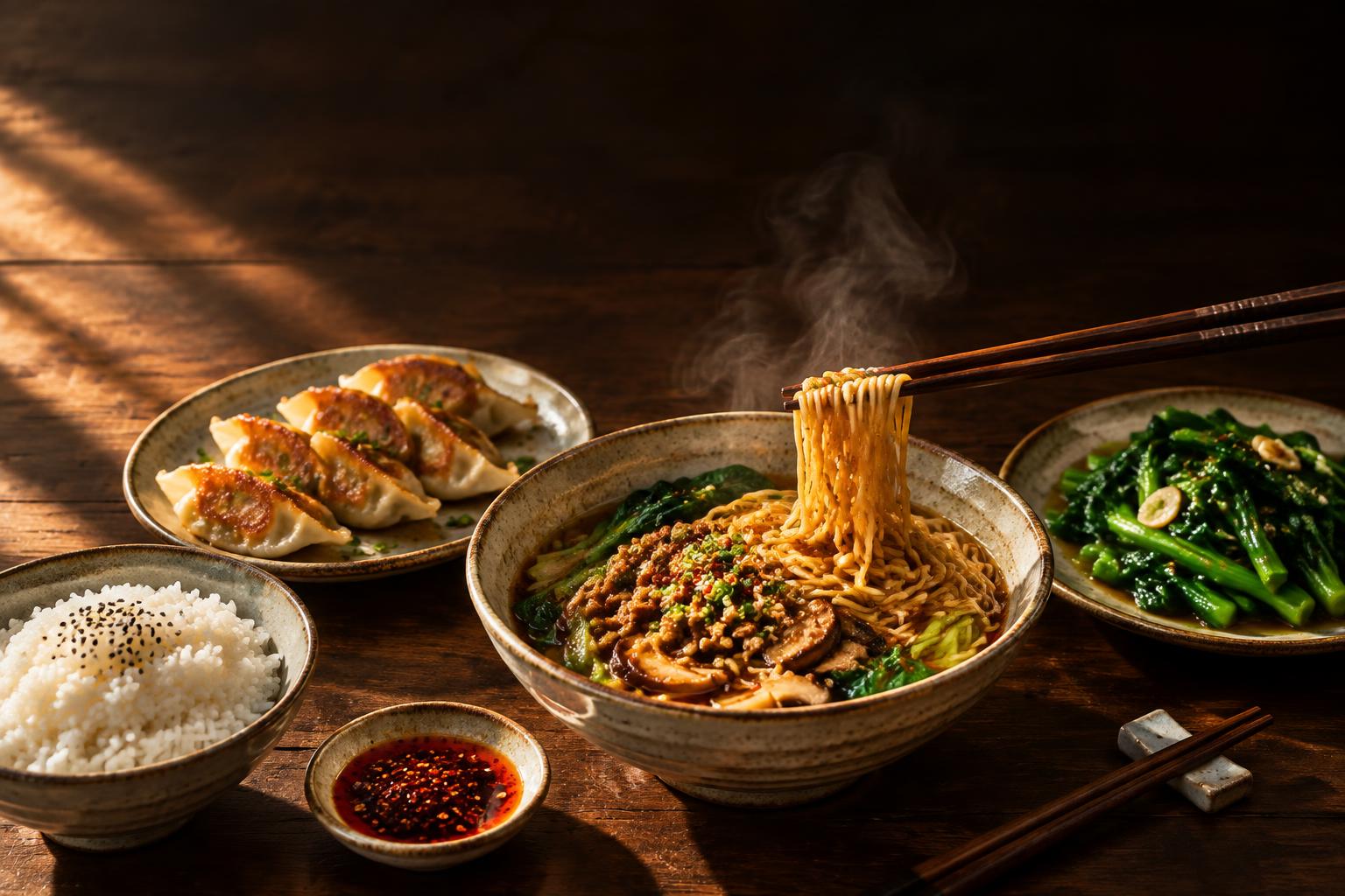 An overhead spread of Asian dishes on a dark wood table