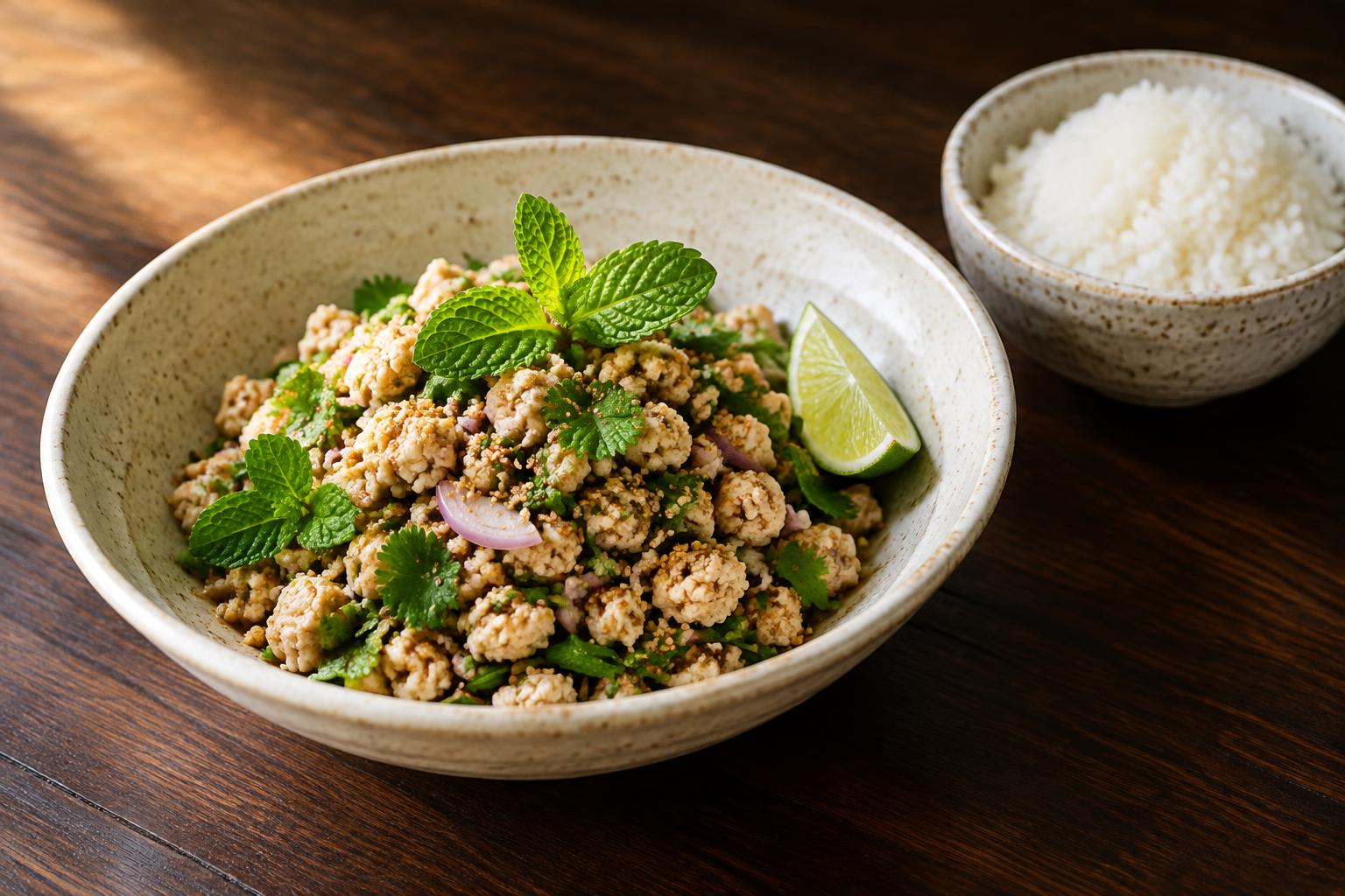 A bowl of Lao larb with herbs, shallots and a lime wedge, with rice alongside