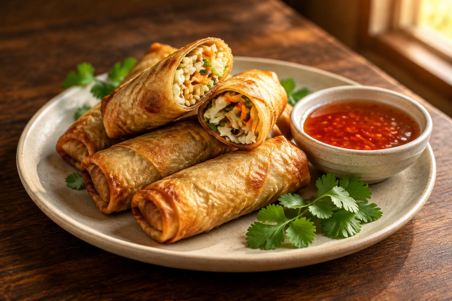 Fried spring rolls on a plate with a bowl of dipping sauce